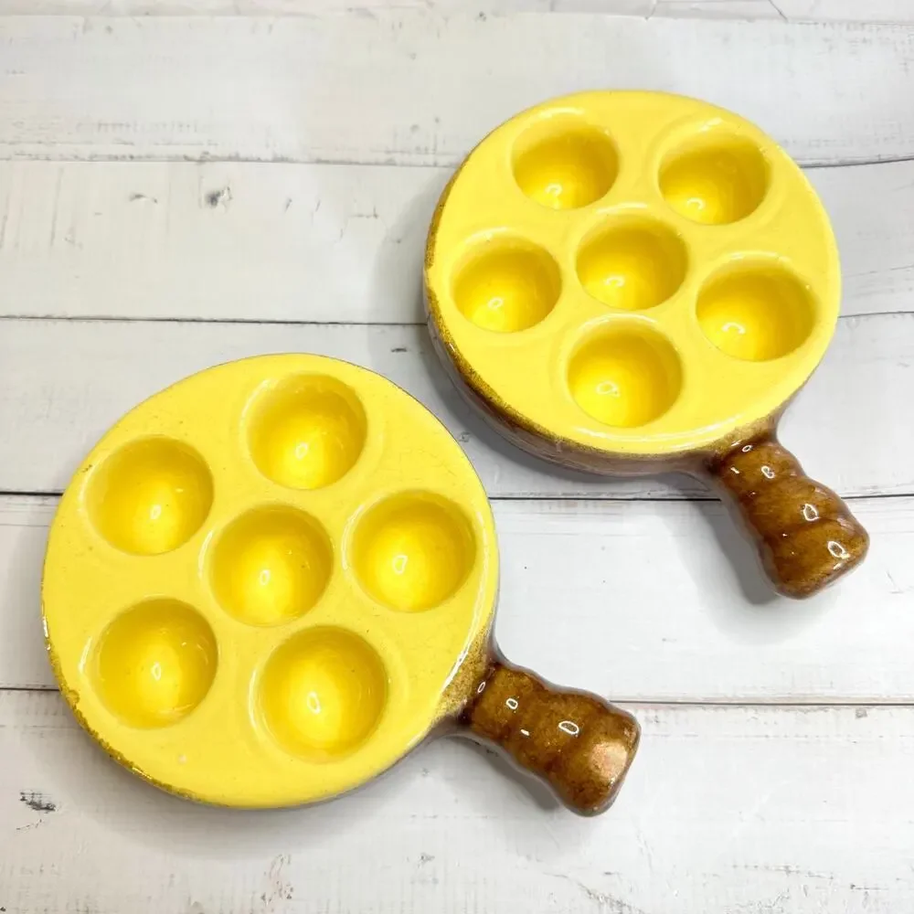 Set of 2 Vintage Feyel Escargot Baking Dishes Made in France Yellow Brown Rustic